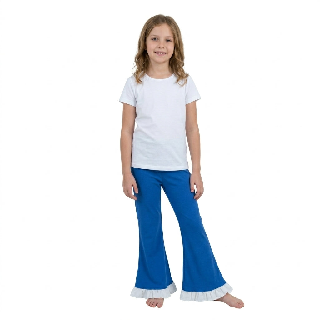 White ruffle blue cotton kids girls flare pants