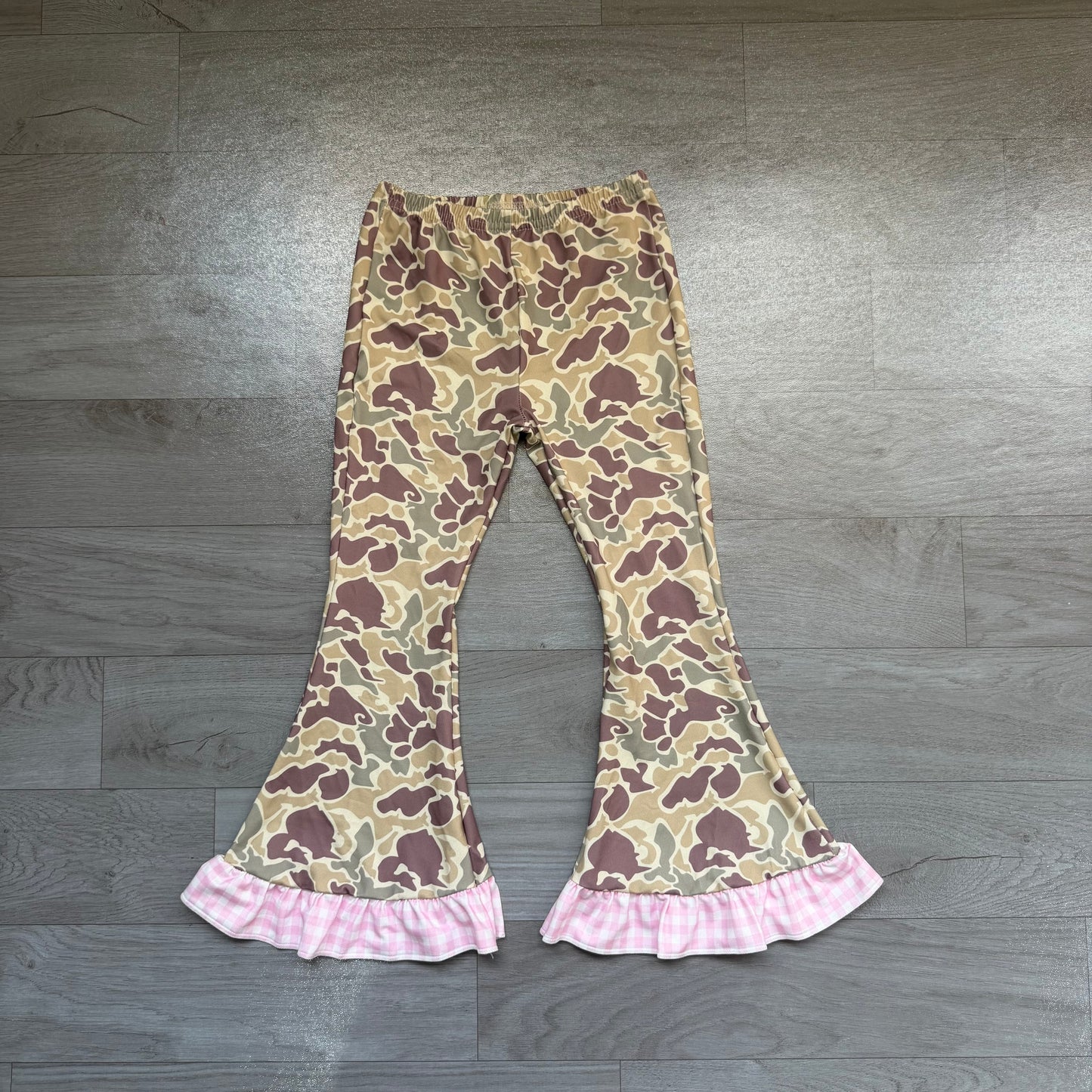 Pink plaid ruffle camo kids girls bell bottom pants