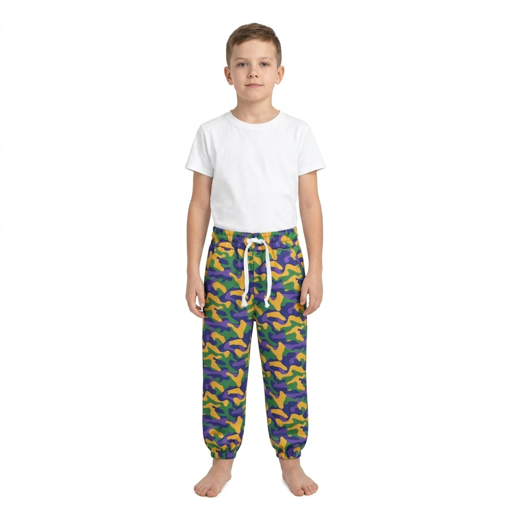 Purple yellow green camo boys Mardi Gras pants