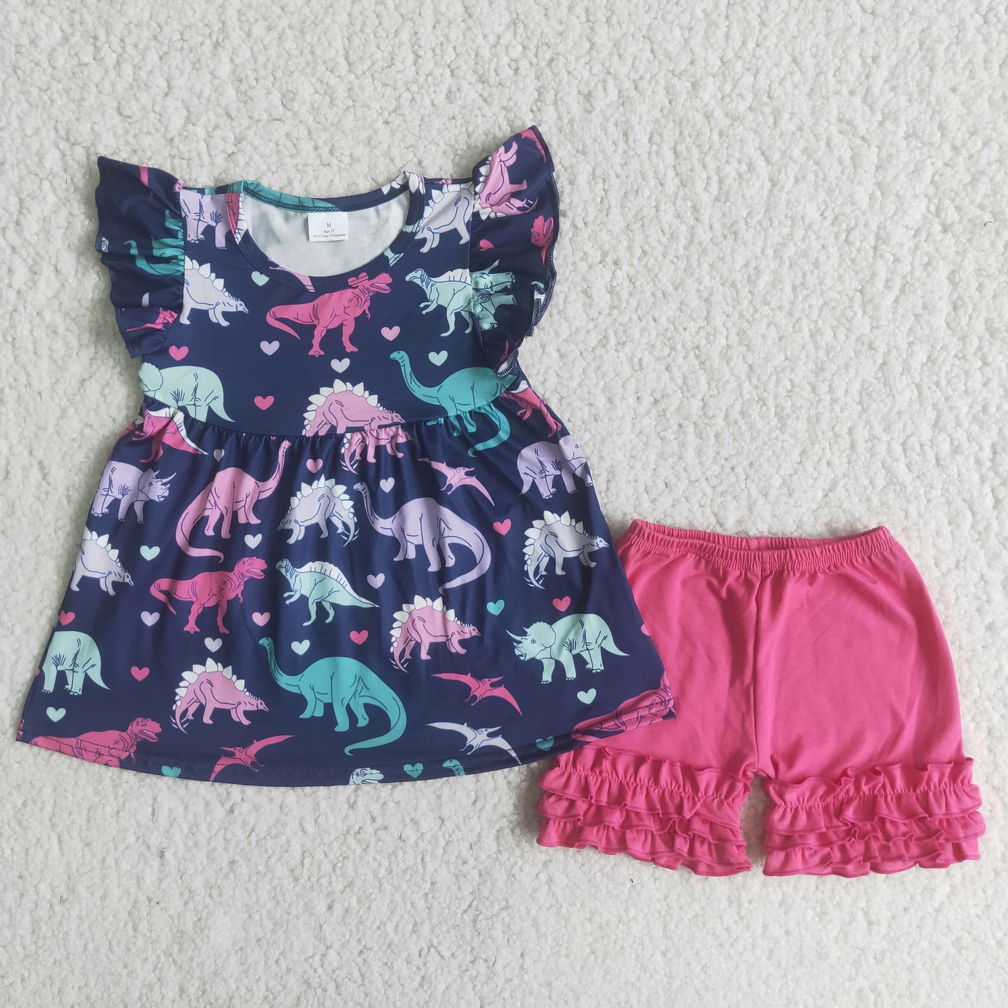 Dinosaur flutter sleeve tunic ruffle shorts girls outfits