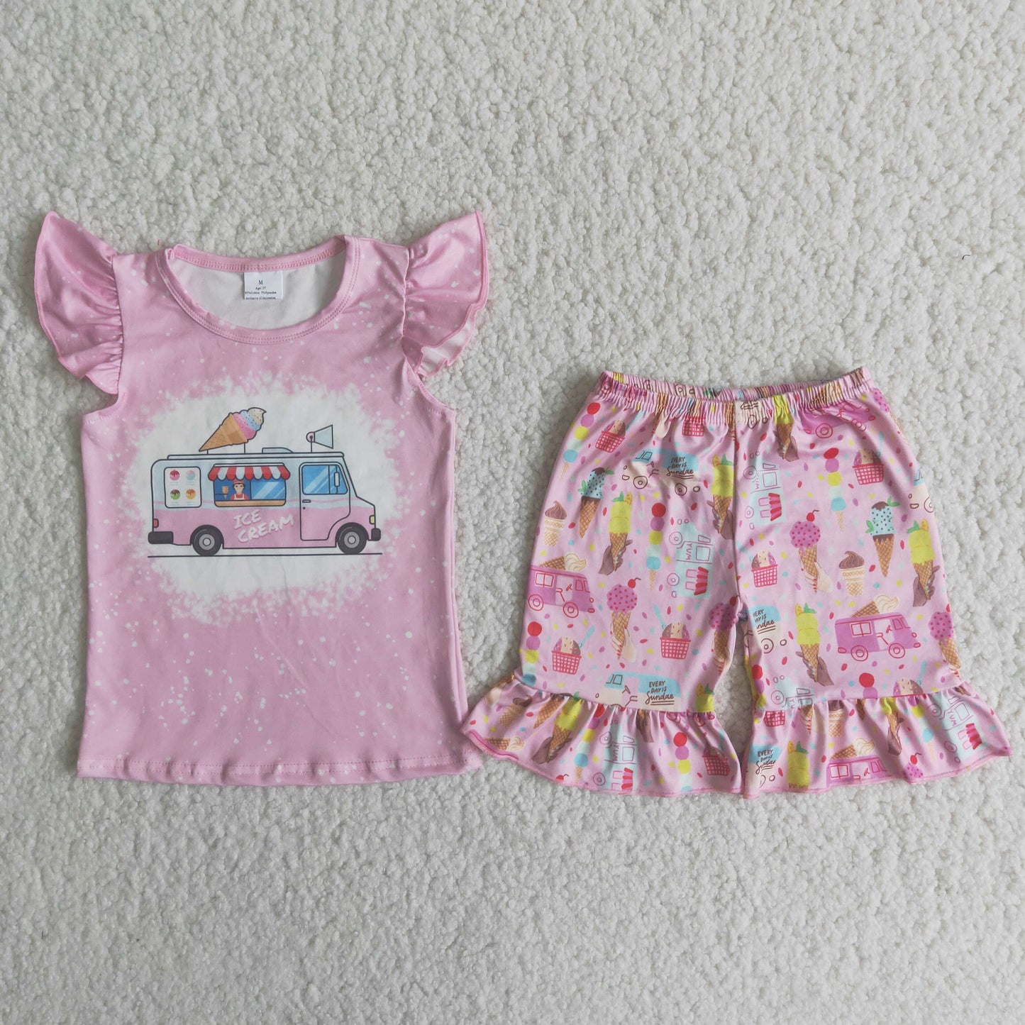 Ice cream print shirt ruffle shorts kids summer clothing