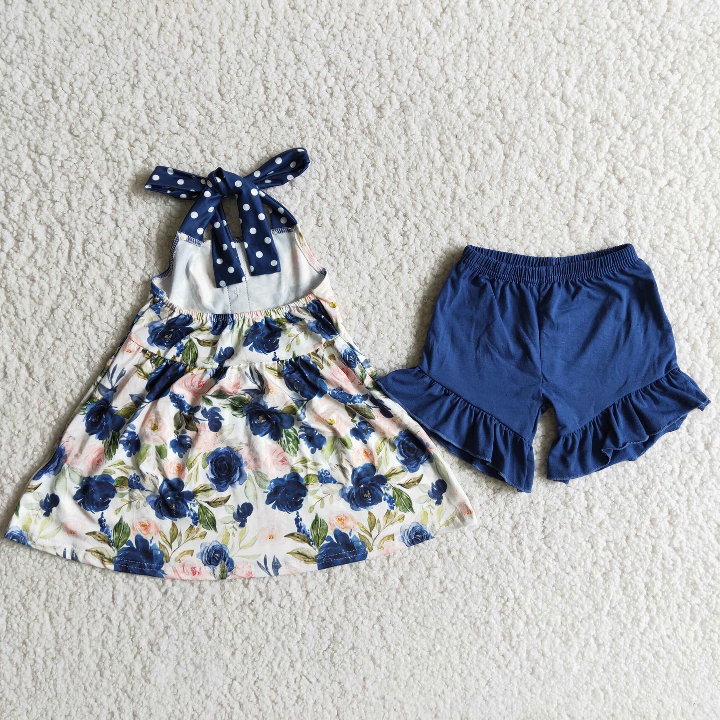 Blue floral backless tunic ruffle shorts girls outfits