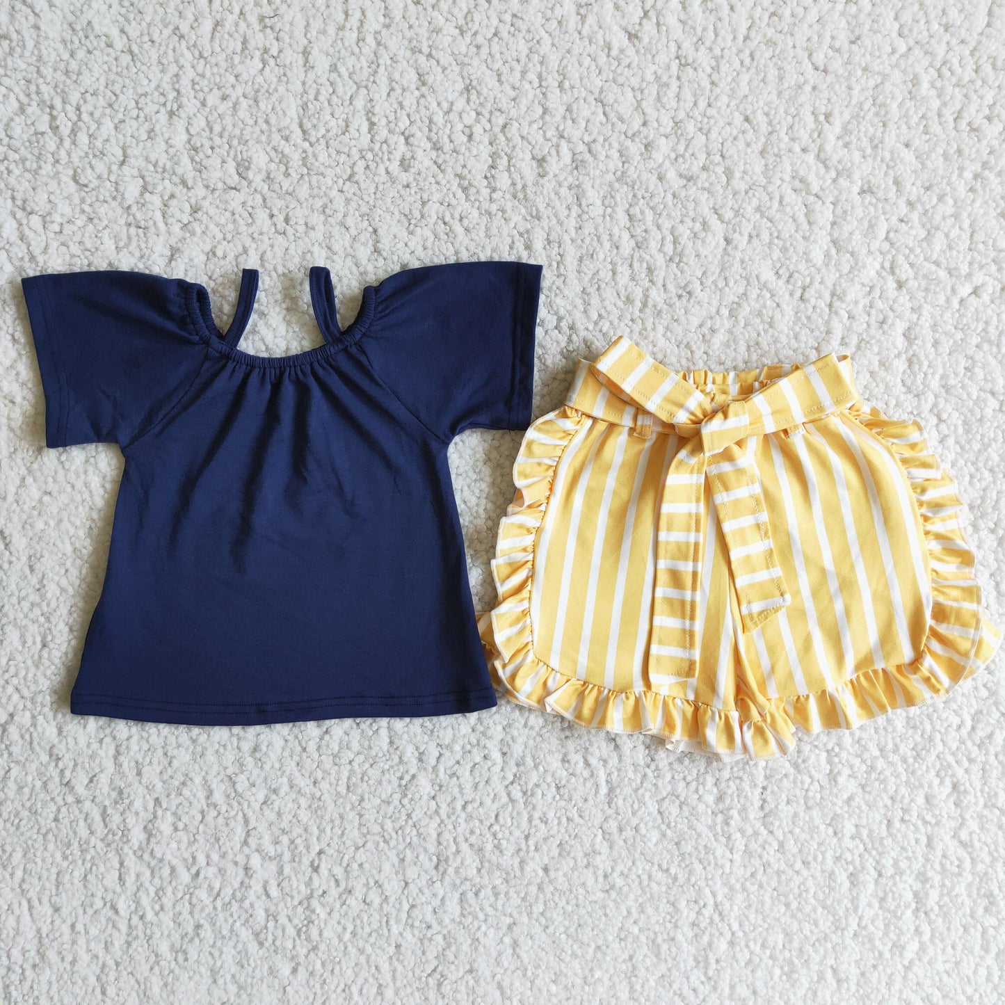 Navy shirt yellow stripe shorts girls outfits