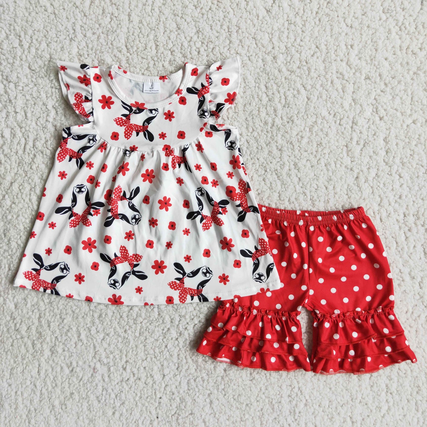 Cow print flutter sleeve match ruffle shorts children clothes