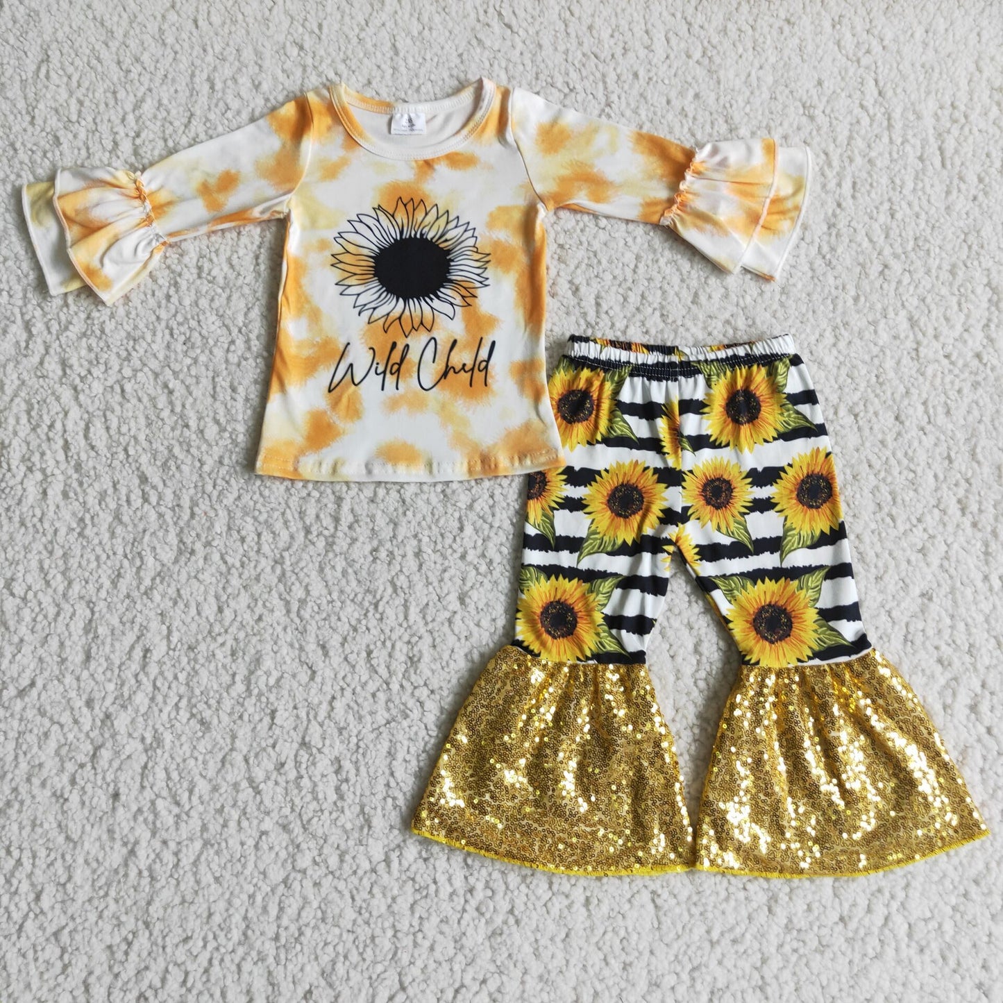 Wild child sunflower sequin bells toddler girls clothing set