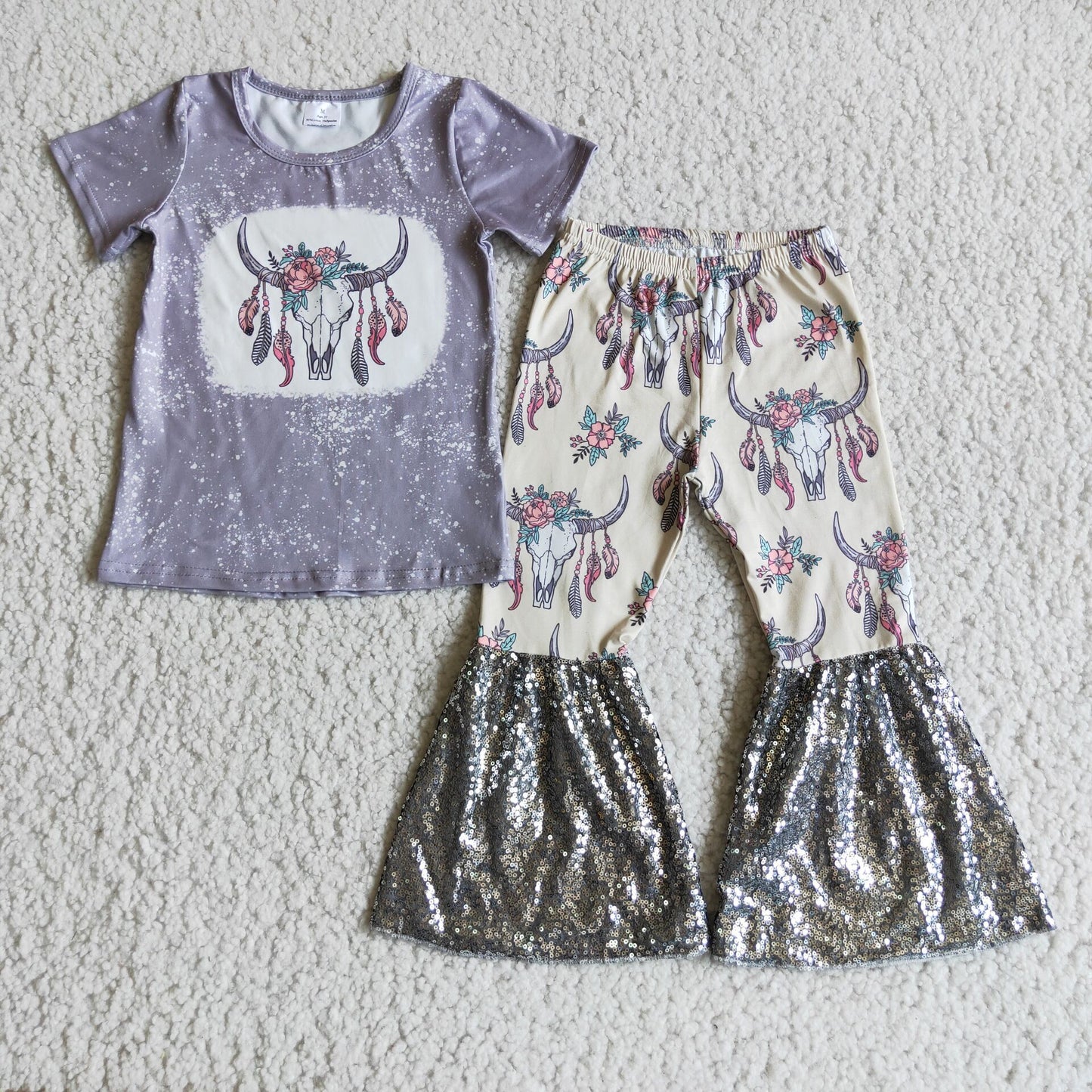 Bull skull shirt sequin bell bottom pants girls clothing kids