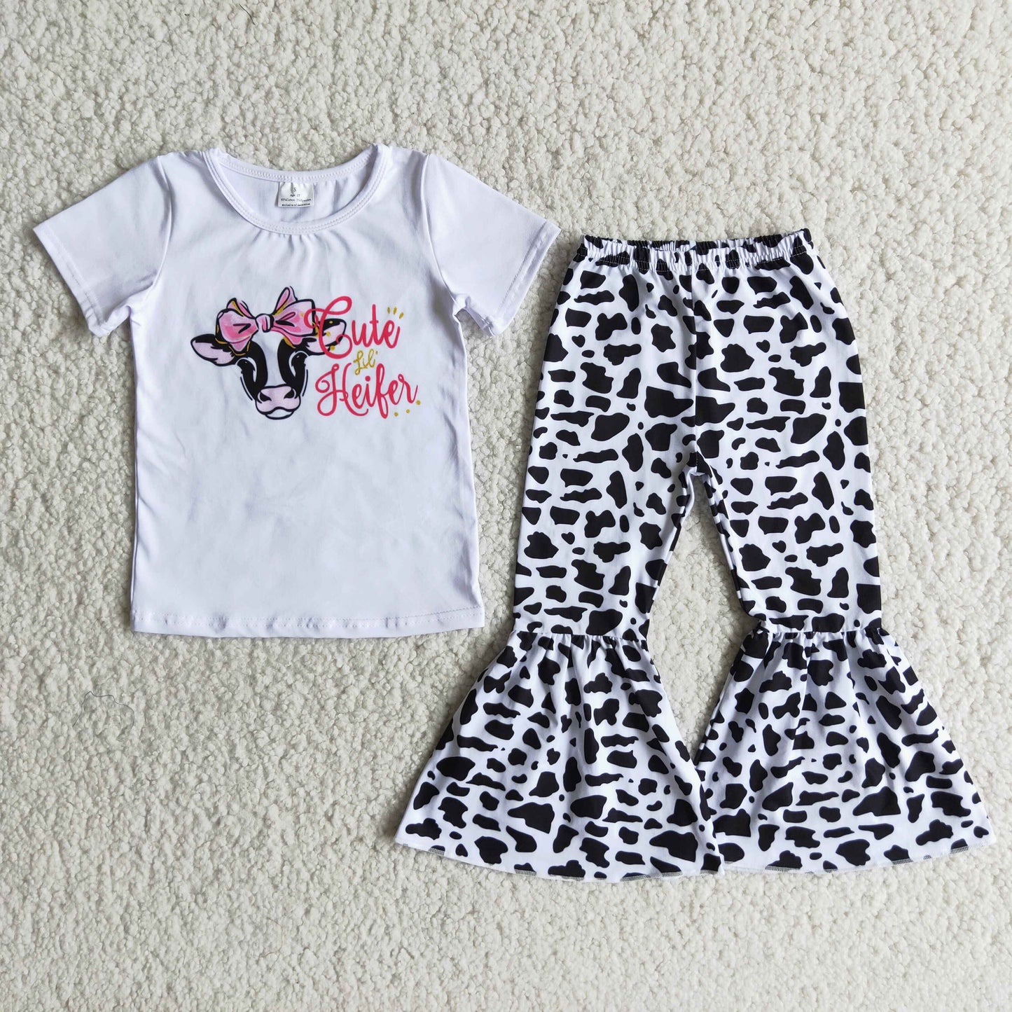 Cute heifer print white shirt bell bottom pants set