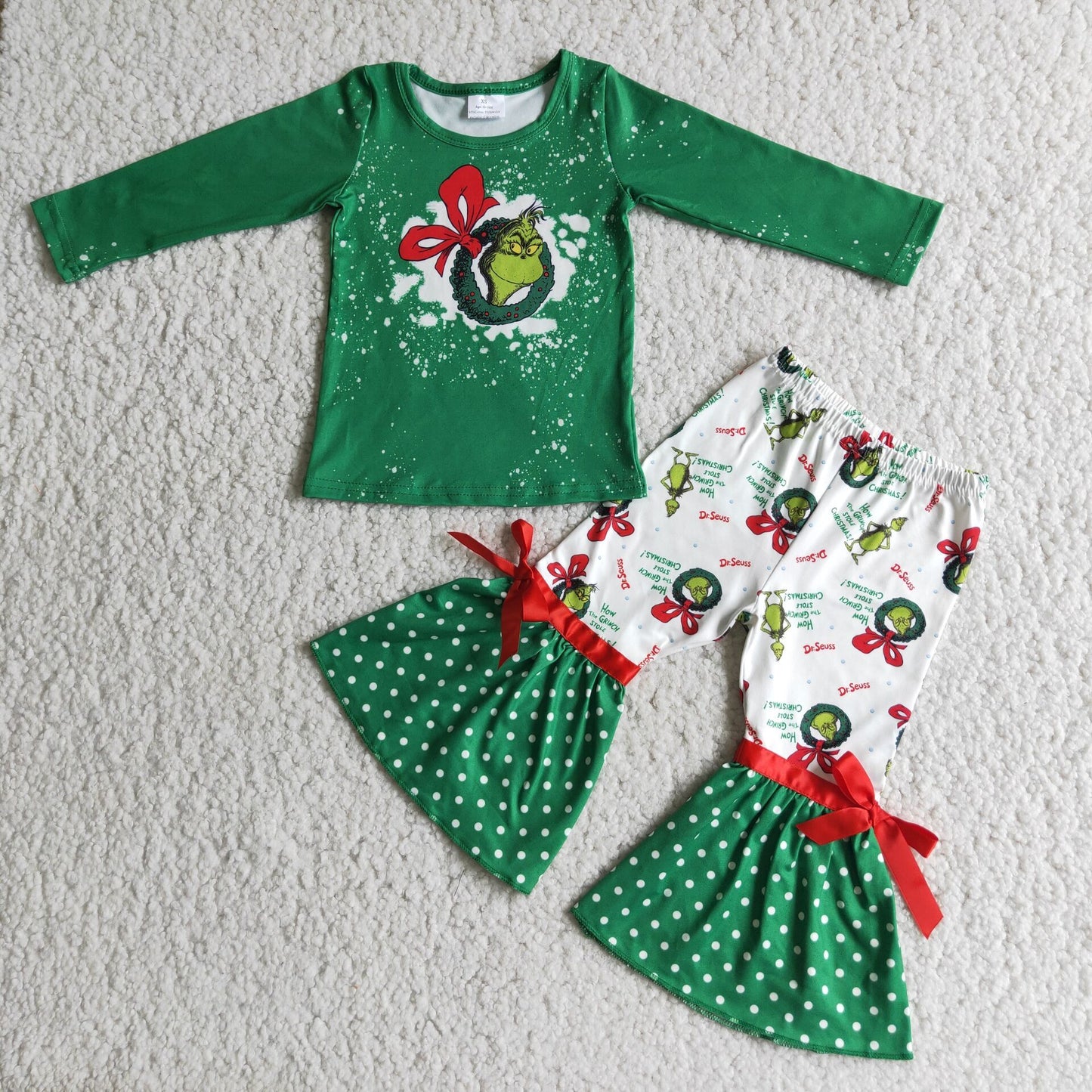 Green face screen print top match bell bottom pants Christmas outfits