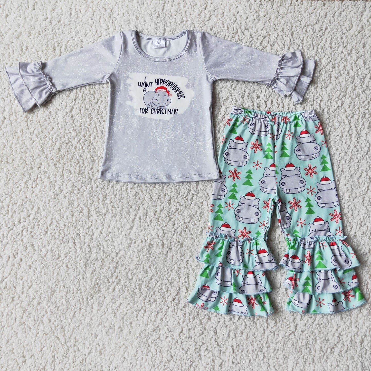 Hippopotamus screen print triple ruffle pants Christmas outfits