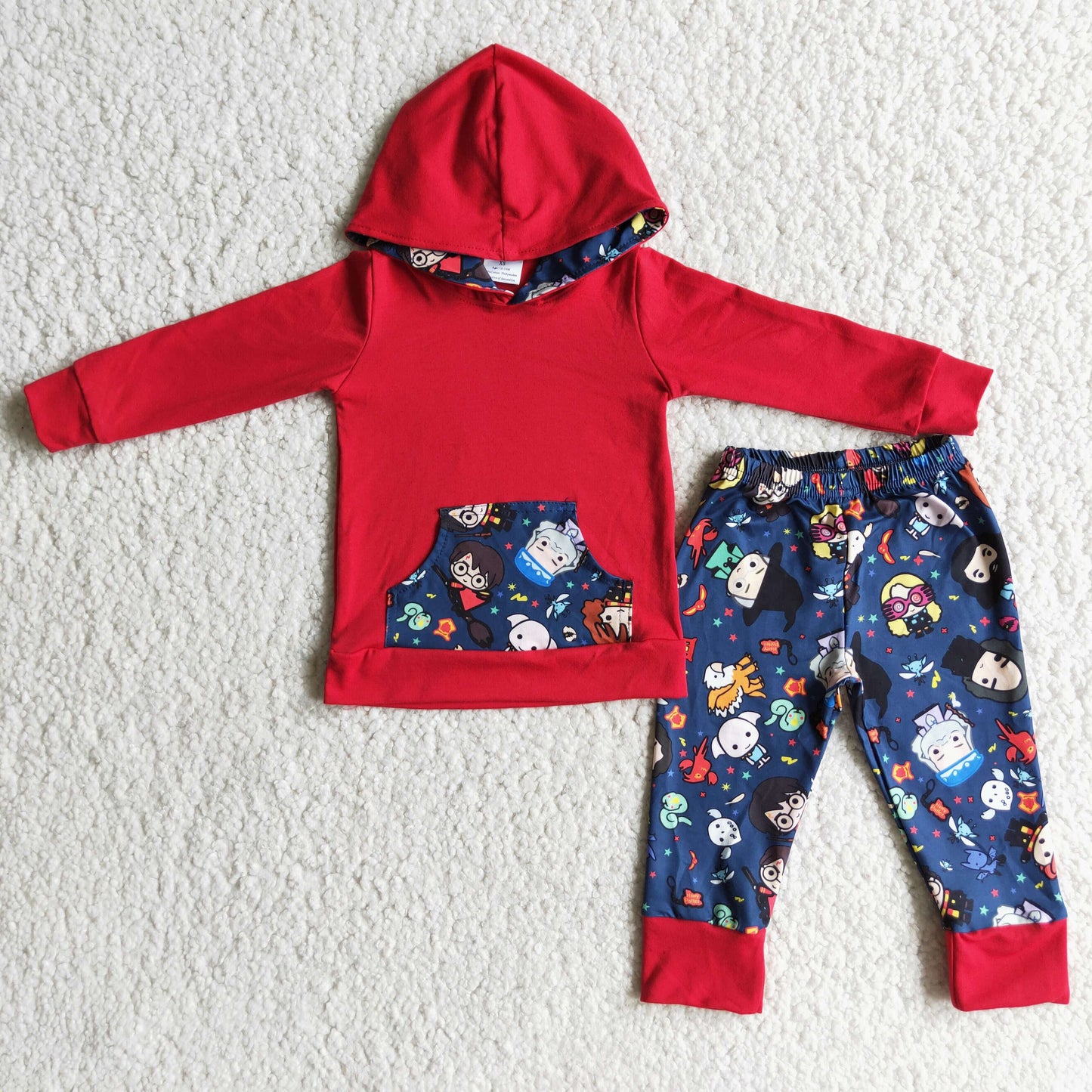 Red hoodie magic pants boy fall winter outfits