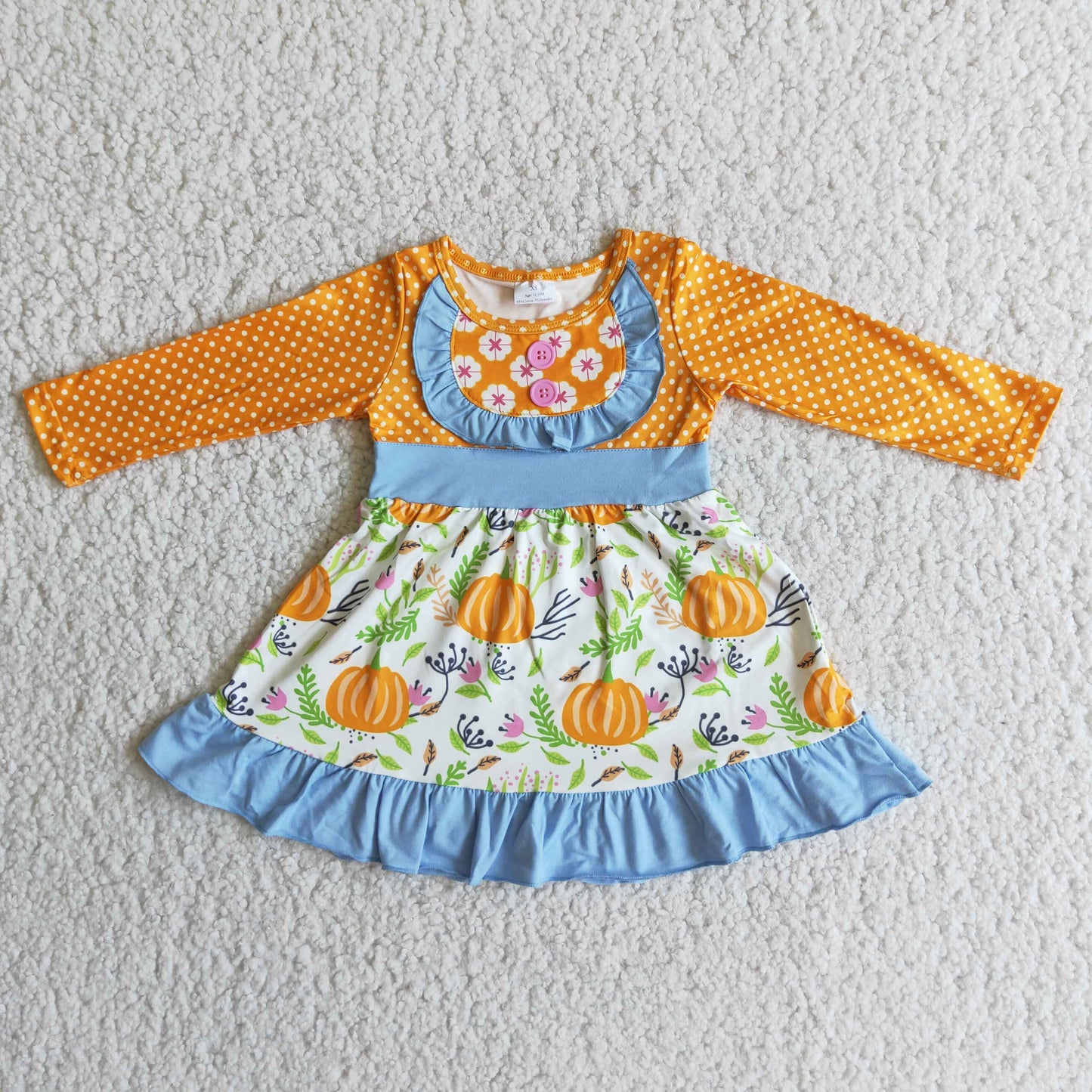 Girl Pumpkin Dot Long Sleeve Dress