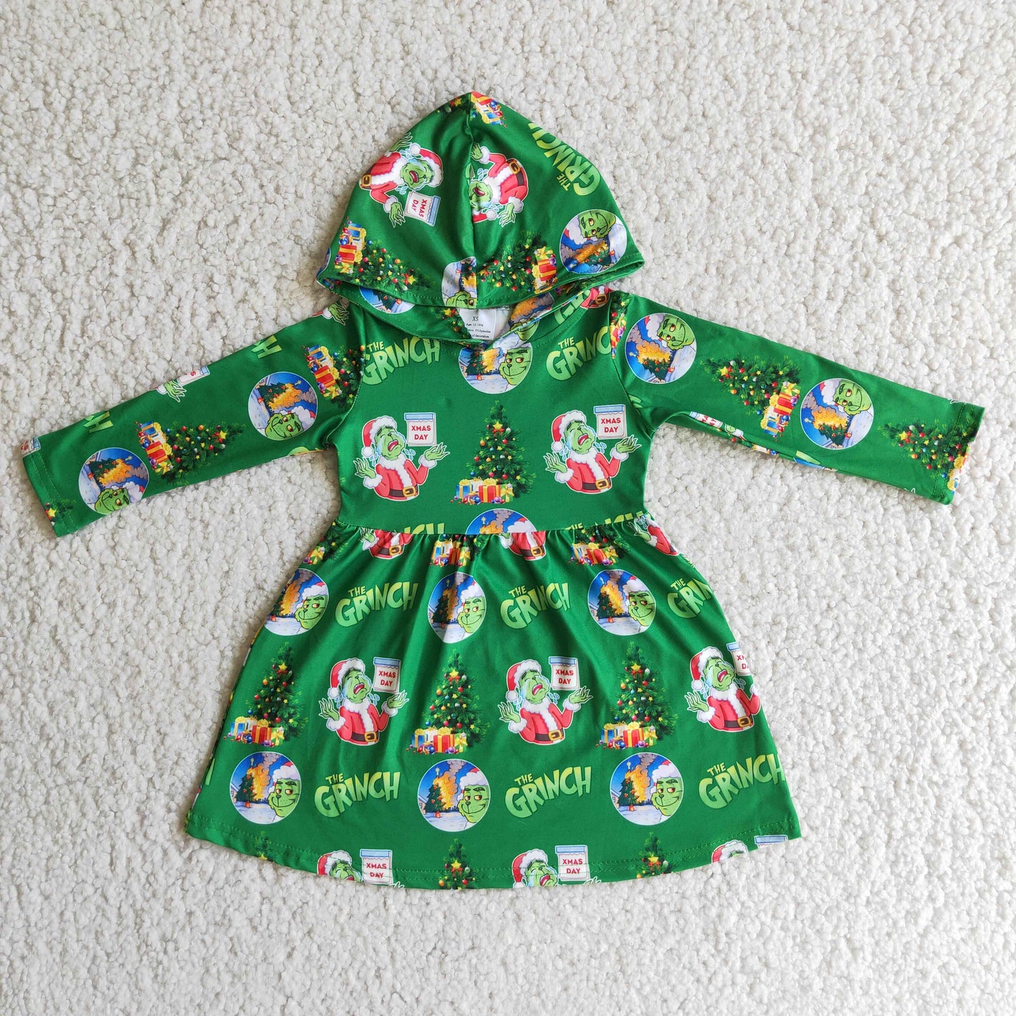 Green face long sleeve girls Christmas hoodie dresses