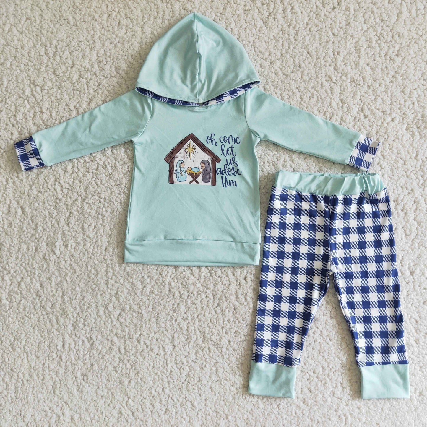 Blue plaid nativity boy Christmas hoodie set