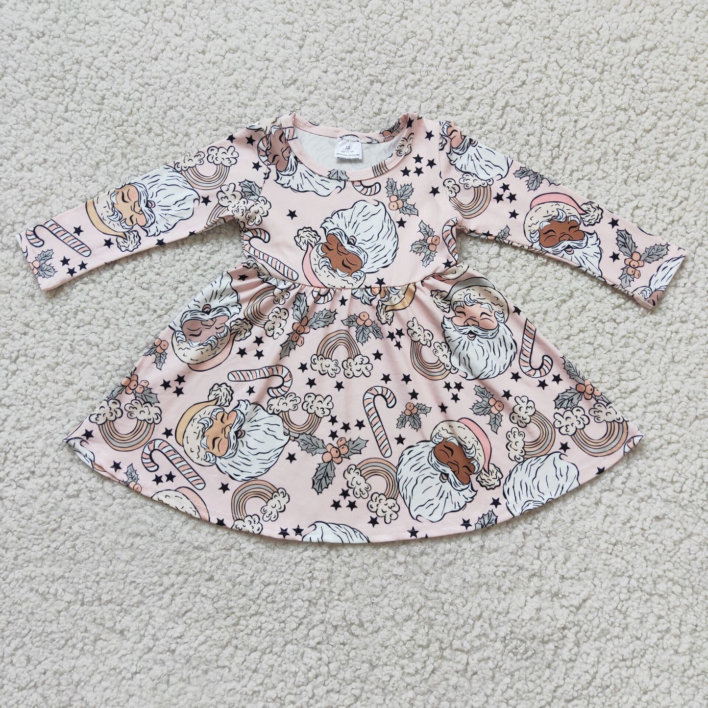 Santa print long sleeve girls twirl Christmas dresses