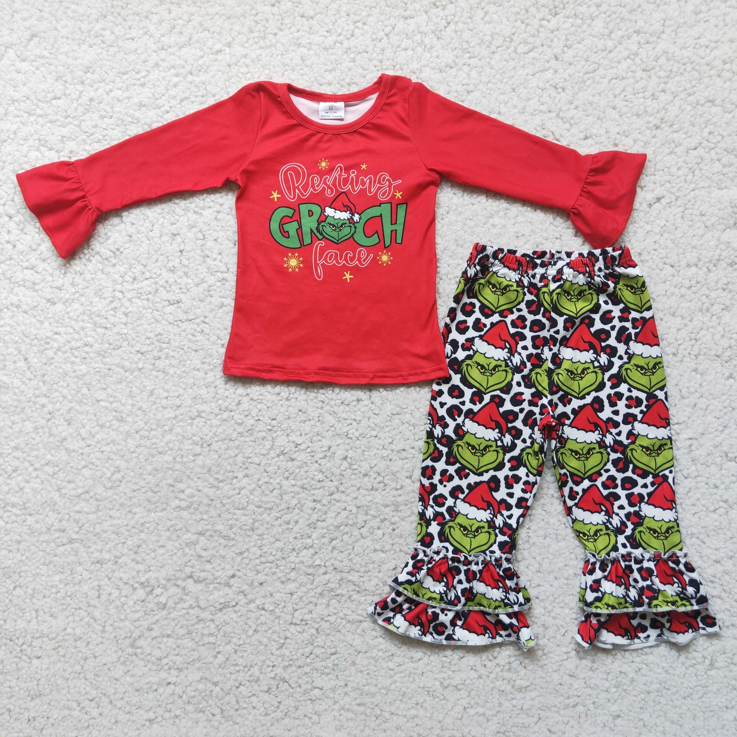 Red long sleeve shirt green face ruffle pants girls Christmas clothes