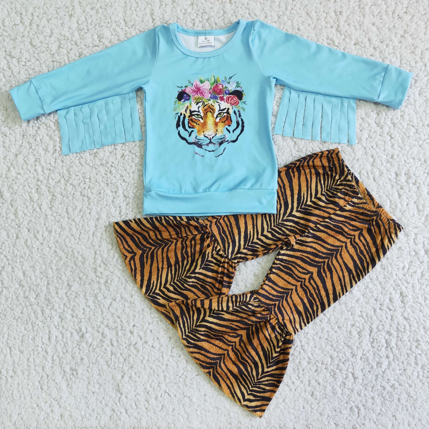 Tiger print tassels long sleeve shirt pants girls clothing set