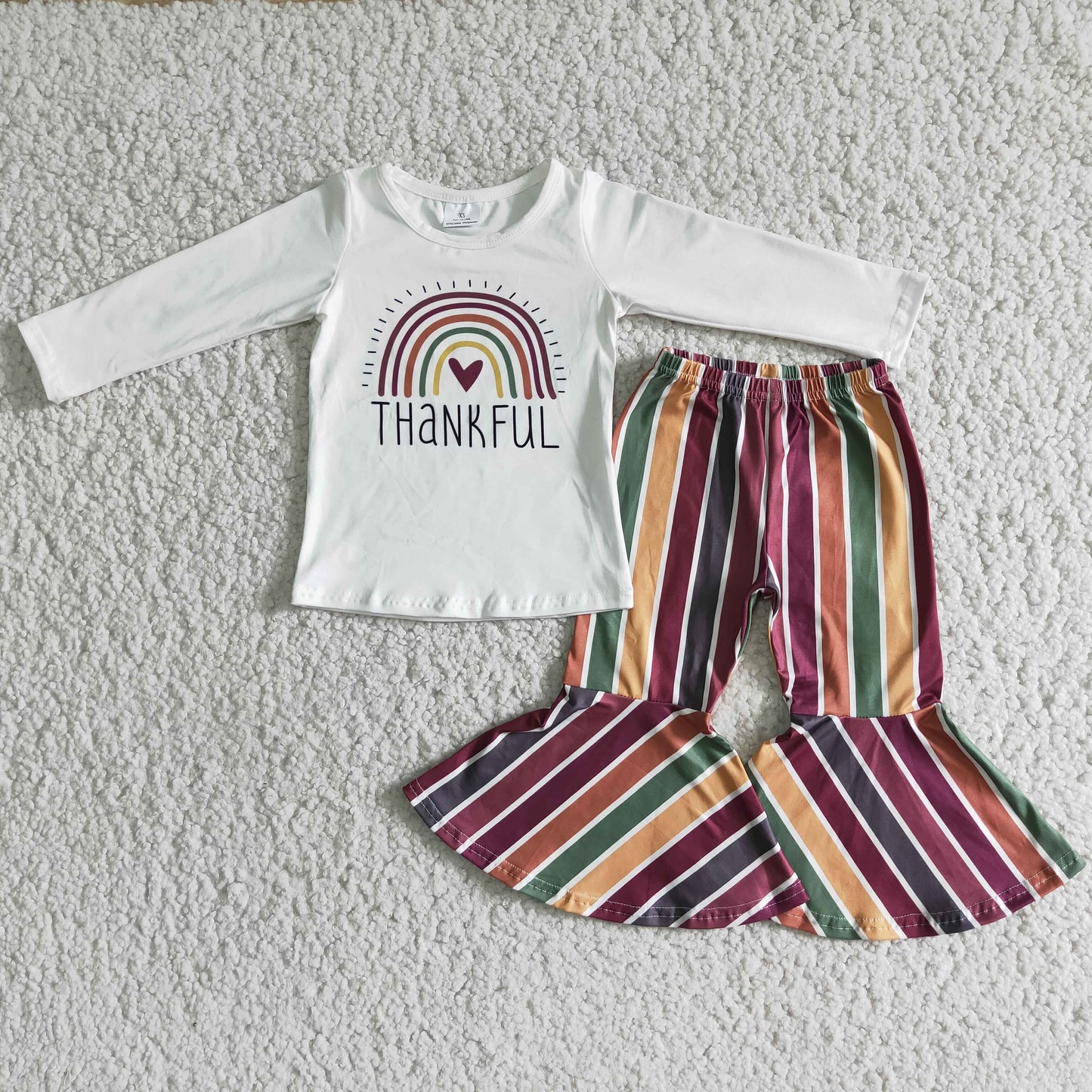 Thankful rainbow shirt stripe pants girls Thanksgiving outfits