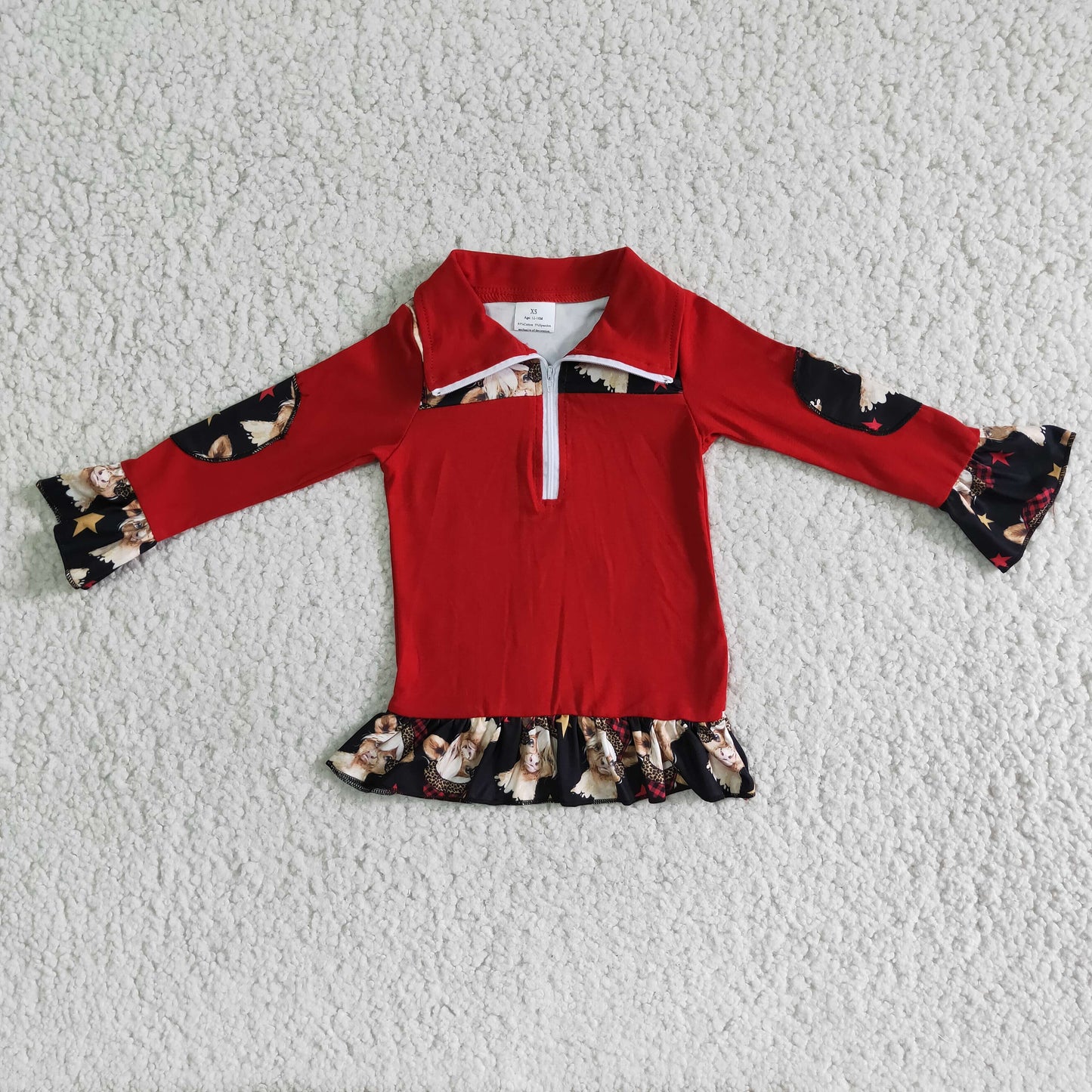 Moody print zipper red girls long sleeve shirt