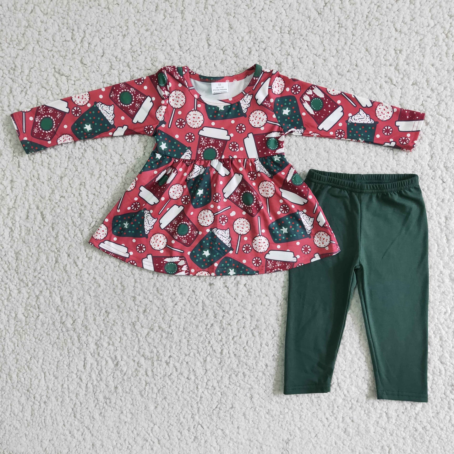 Cup print long sleeve tunic green leggings girls Christmas clothes