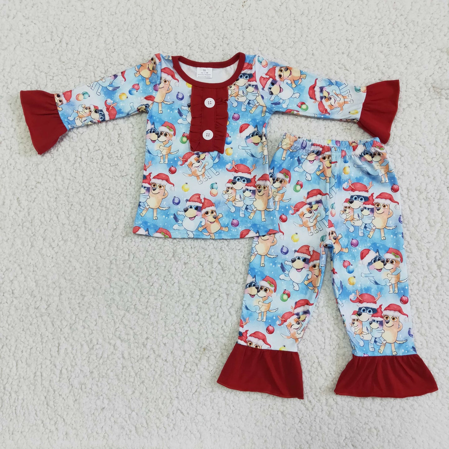 Red dog ruffle long sleeve blue dogs girls Christmas pajamas