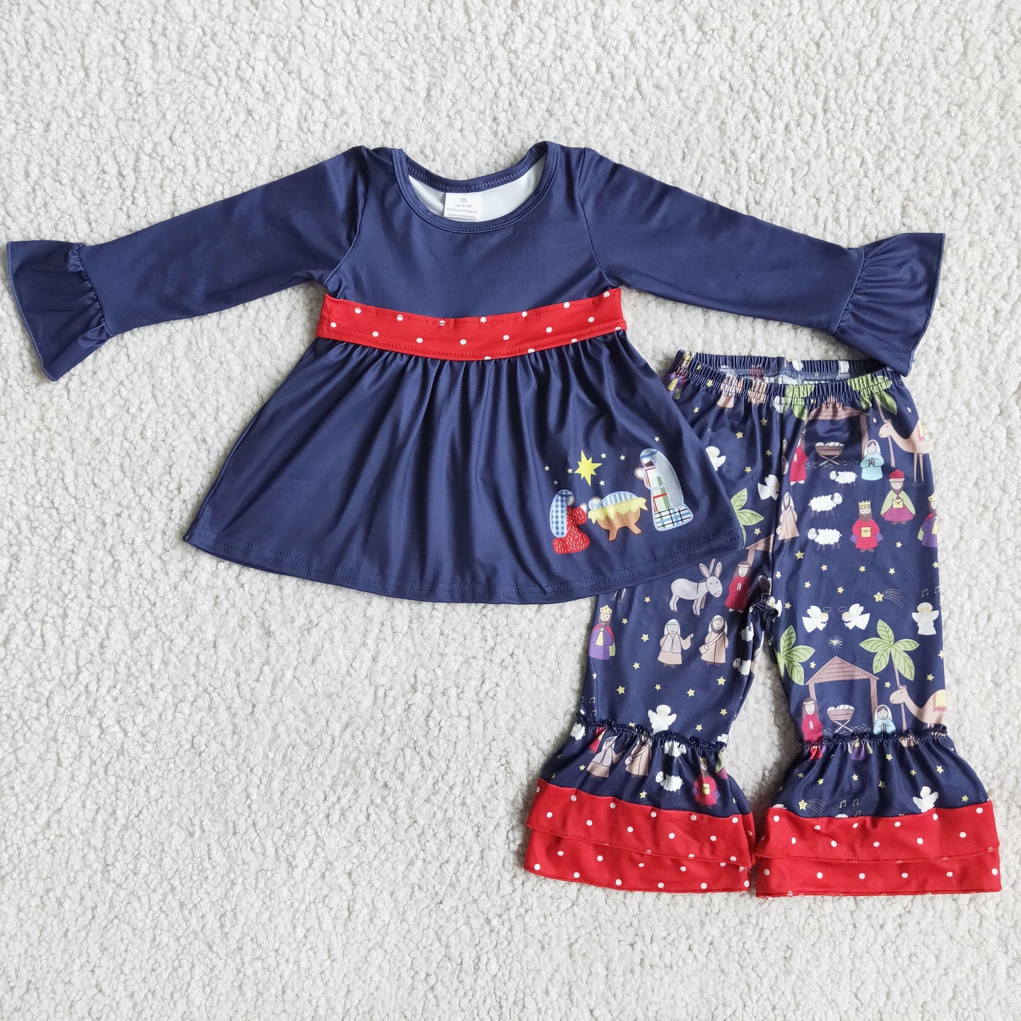 Navy Nativity print belt tunic ruffle pants kids girls Christmas clothes