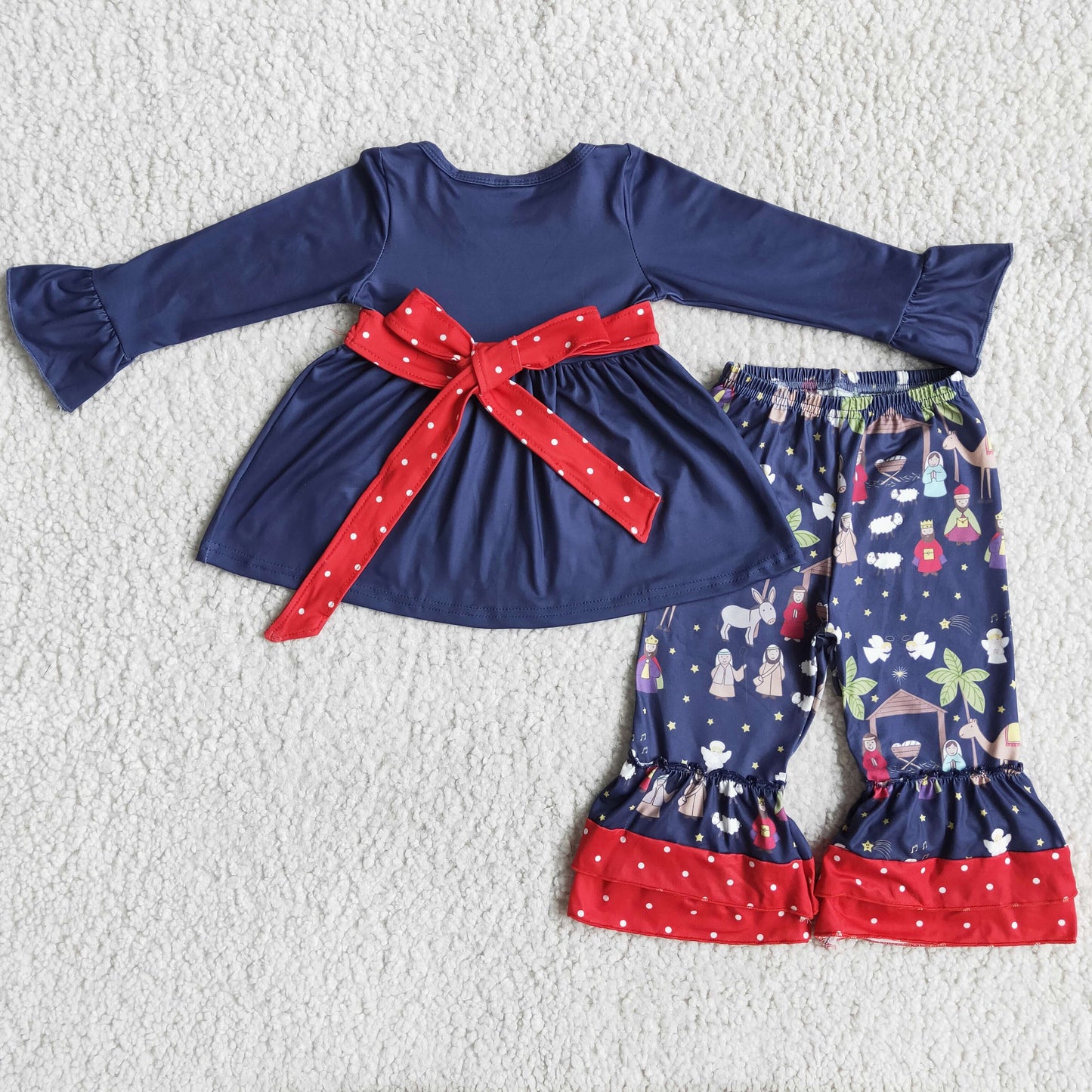 Navy Nativity print belt tunic ruffle pants kids girls Christmas clothes