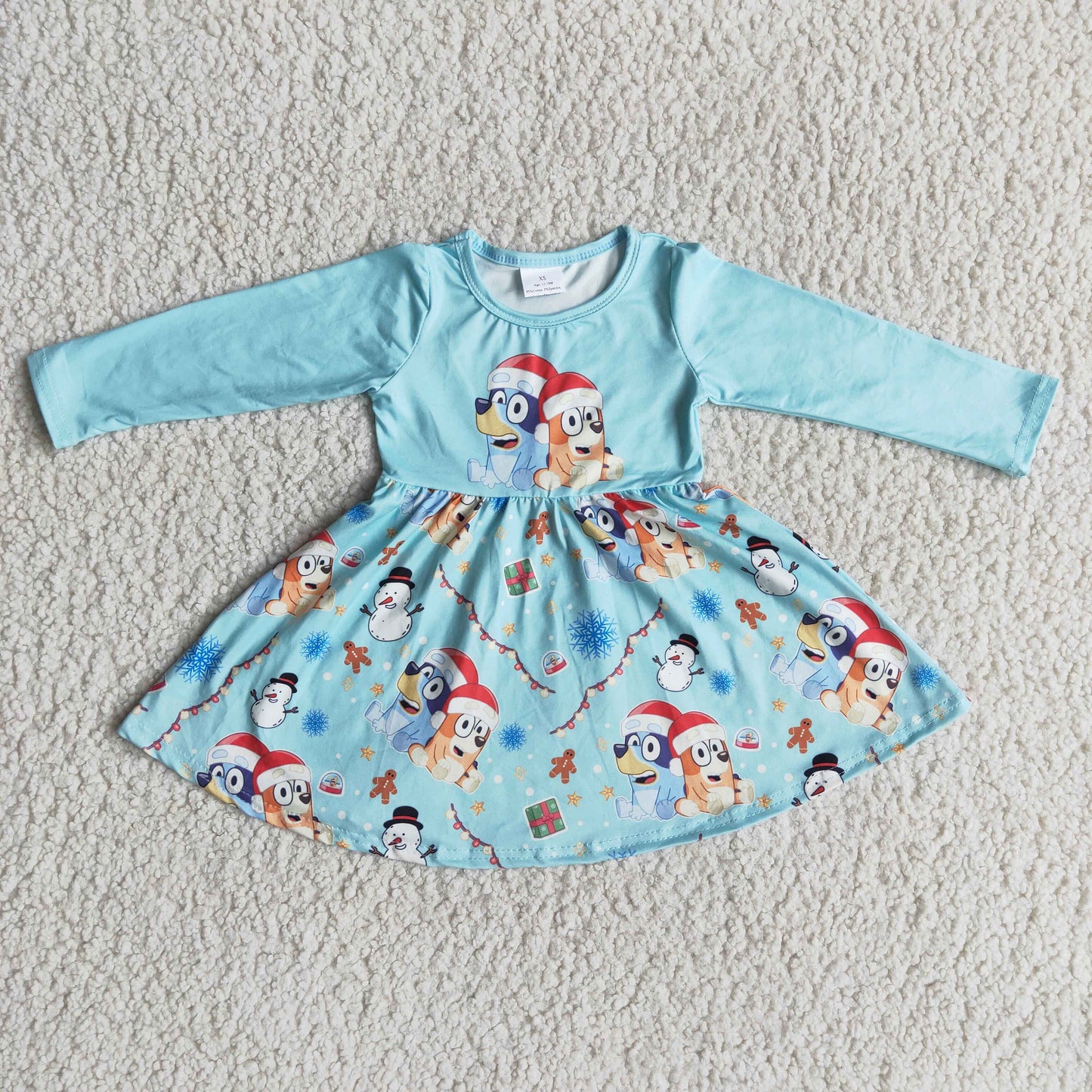 Blue dog long sleeve baby girl Christmas dresses