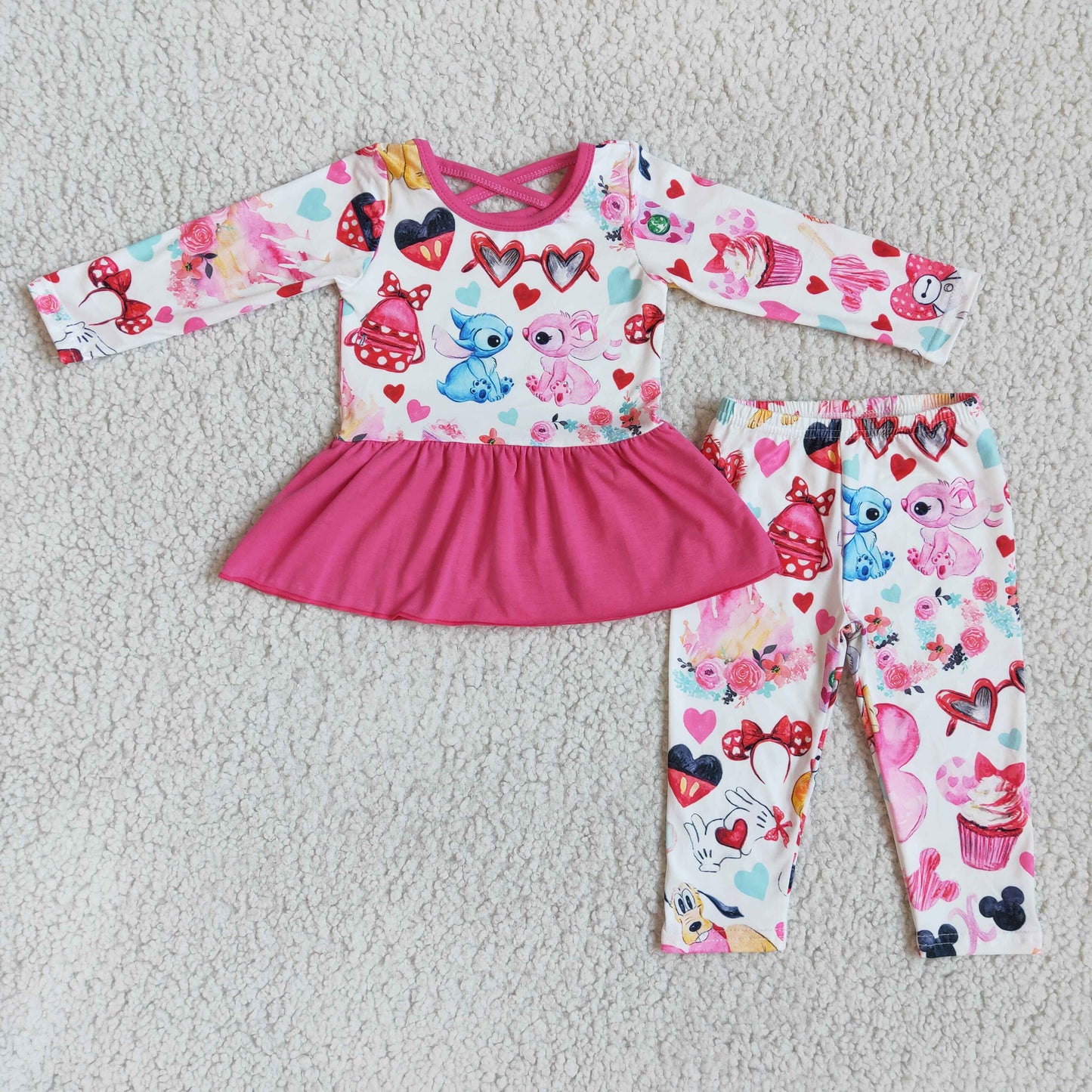 Hot pink cute print peplum icing leggings girls clothing set