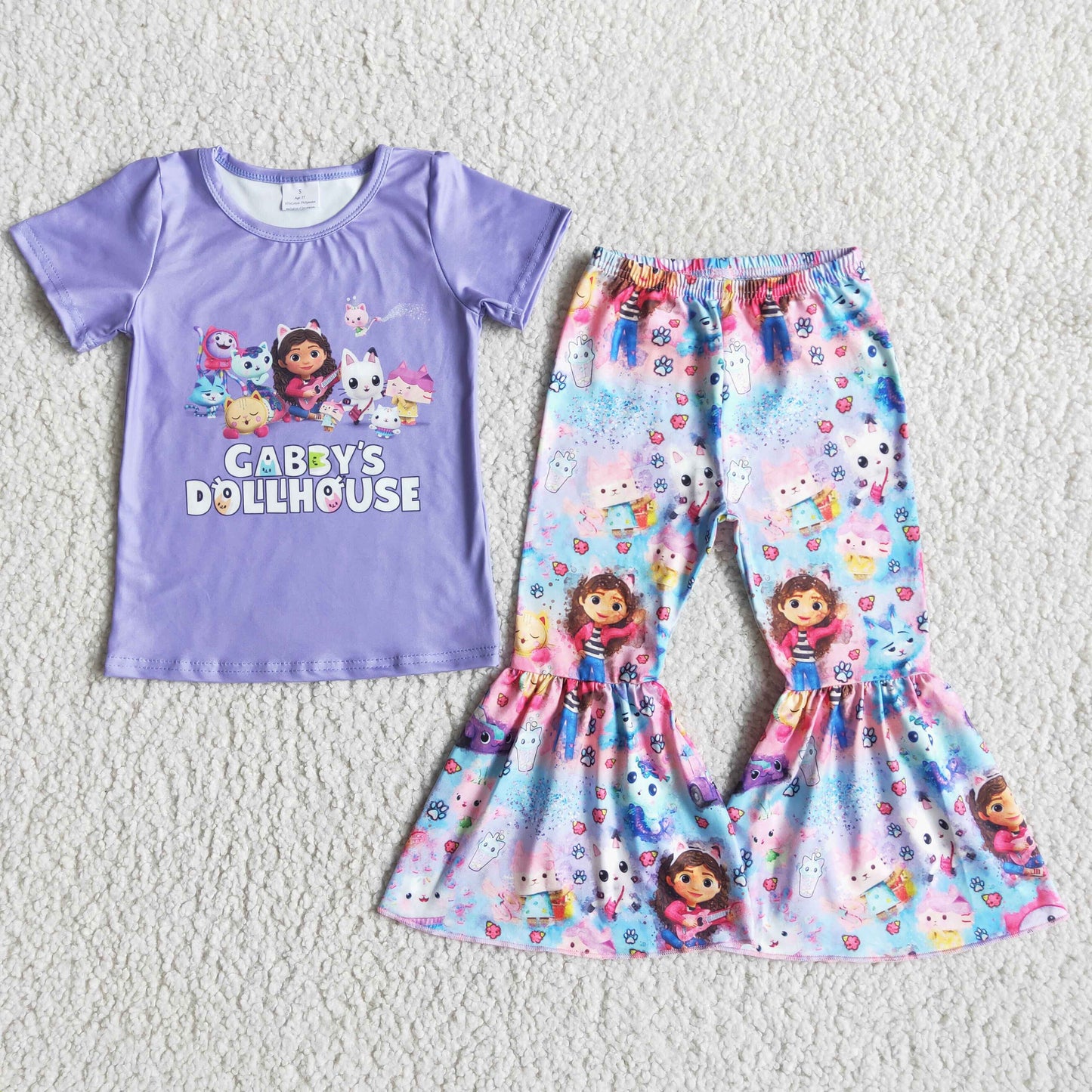 Cute cat print short sleeve bell bottom pants set girls clothing set