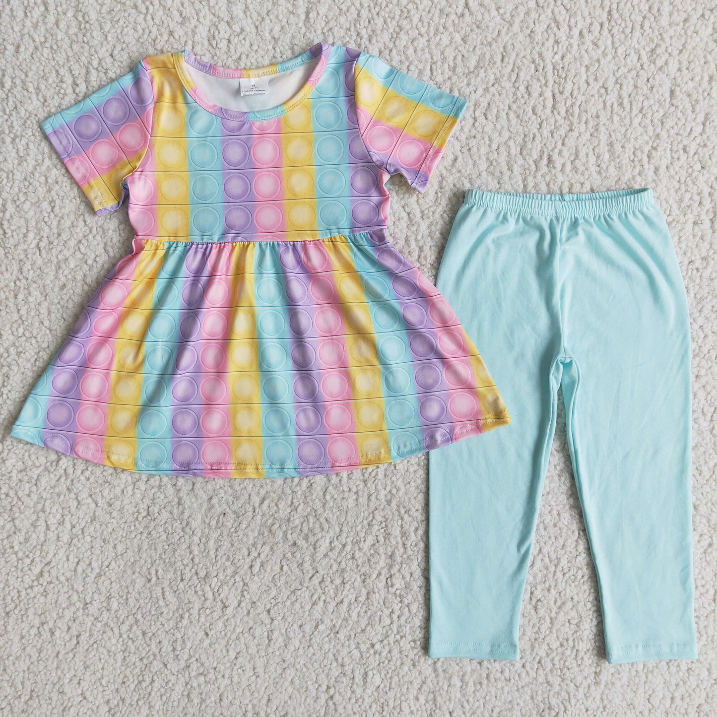 Colorful bubbles short sleeve tunic blue leggings girls clothing set