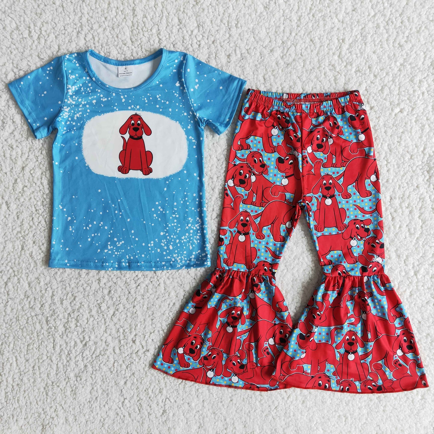 Red dog blue shirt bell bottom pants kids girls clothing