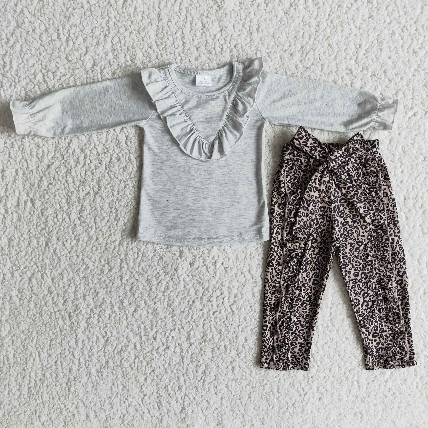 Grey long sleeve top leopard pants cute baby girls clothing sets