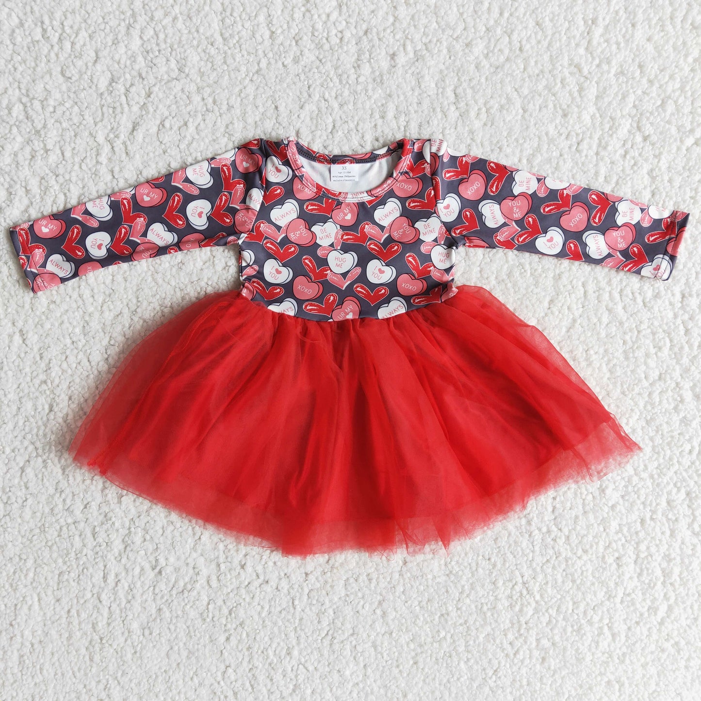 Heart print long sleeve tulle baby girls valentine's dresses