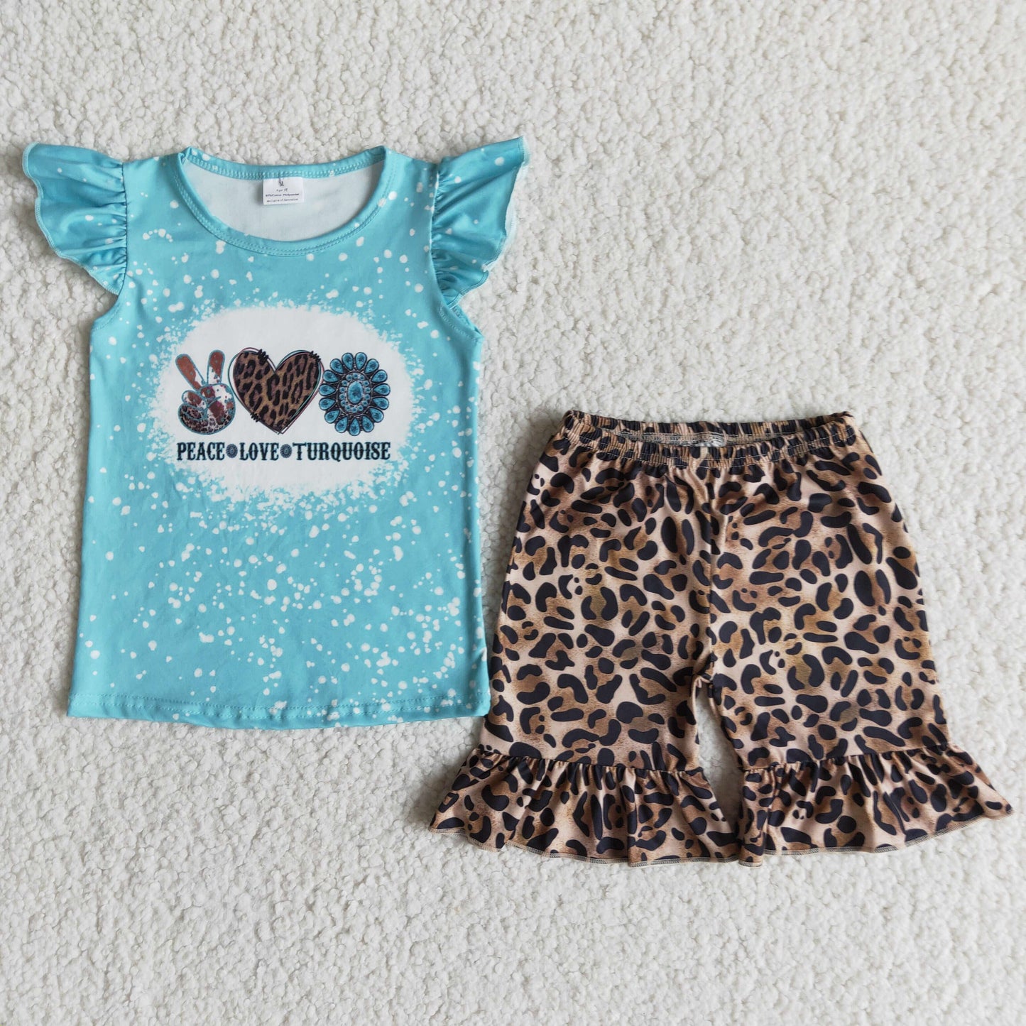 Peace love turquoise flutter sleeve leopard shorts girls summer outfits