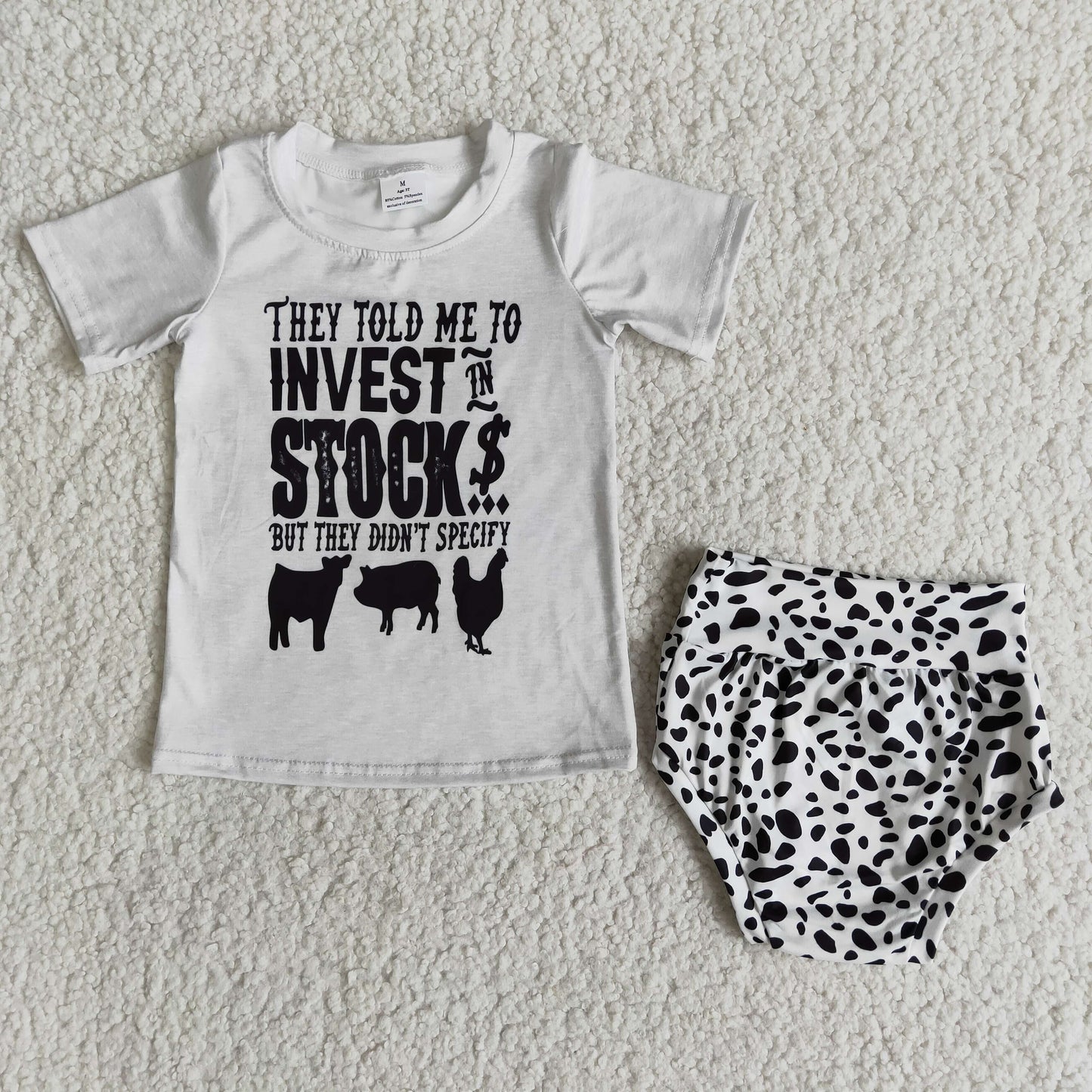 They told me invest in stock but they didn't specify farm baby girls bummies set