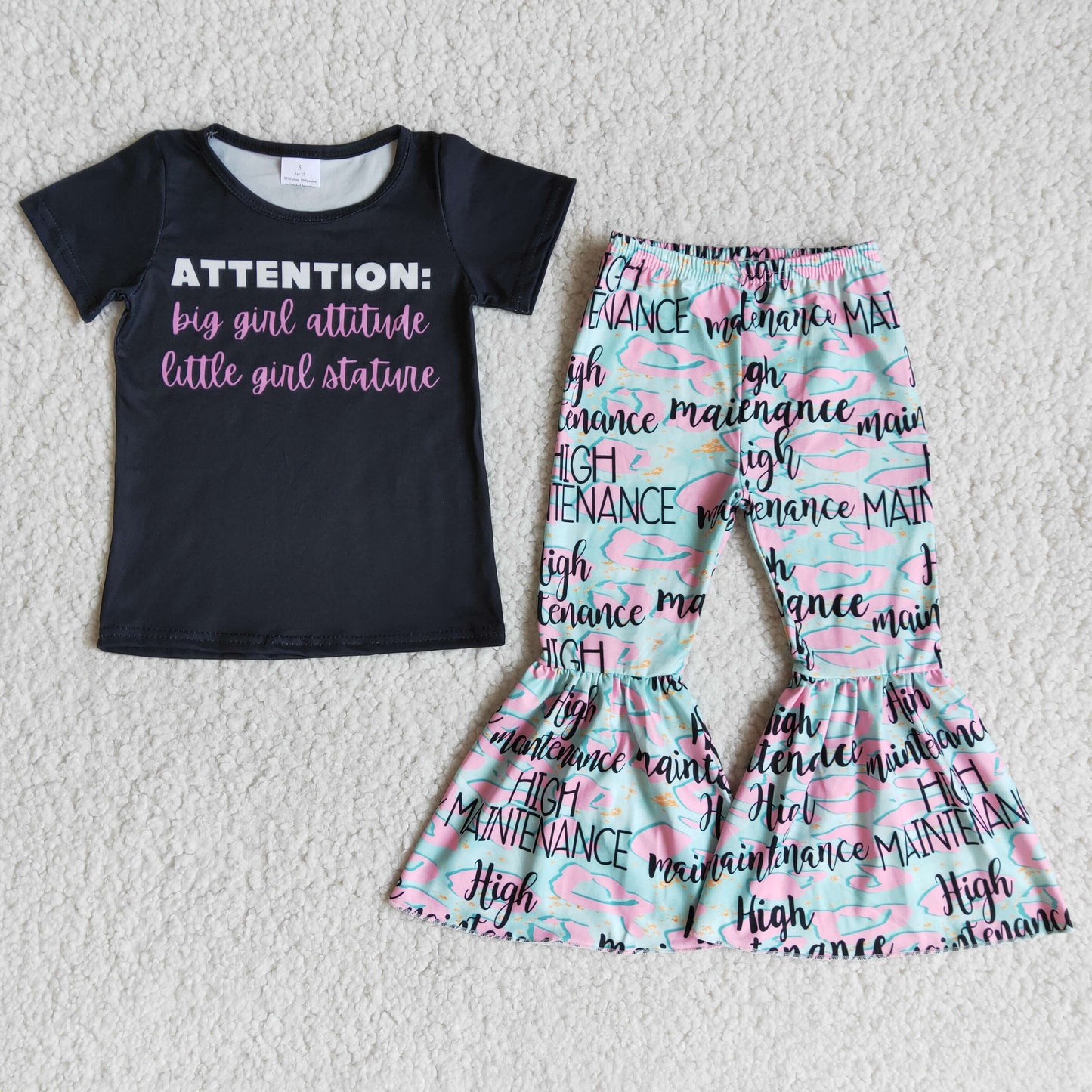 Attention letters black shirt bell bottom pants girls clothing set