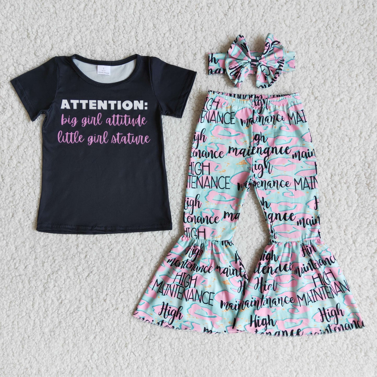 Attention letters black shirt bell bottom pants girls clothing set