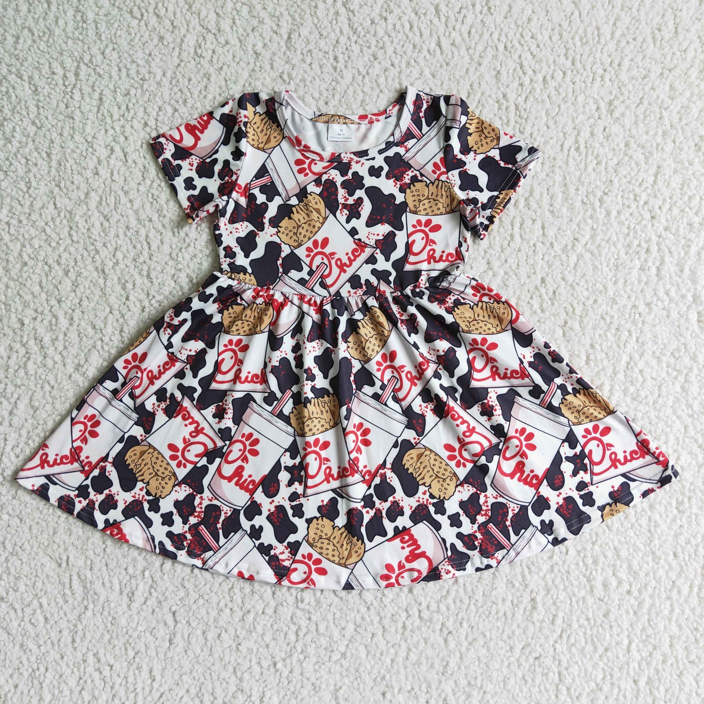 Short sleeve cow fries print kids girls twirl dresses