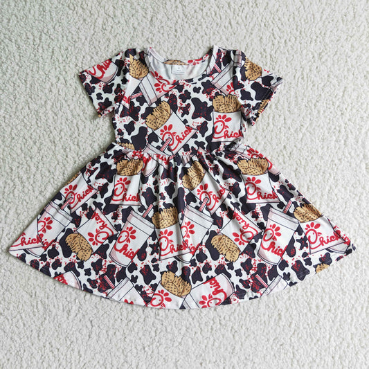 Short sleeve cow fries print kids girls twirl dresses