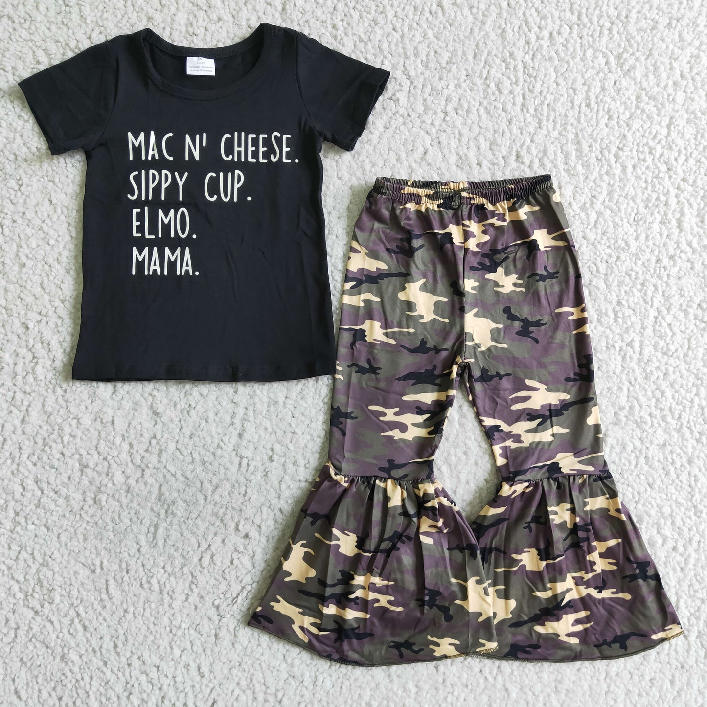 Girl Black Vinyl Shirt Camouflage Bell Bottom Outfit