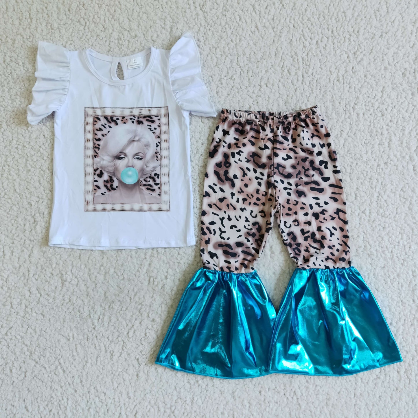 Girl White Bubble Shirt Leopard Pants Outfit