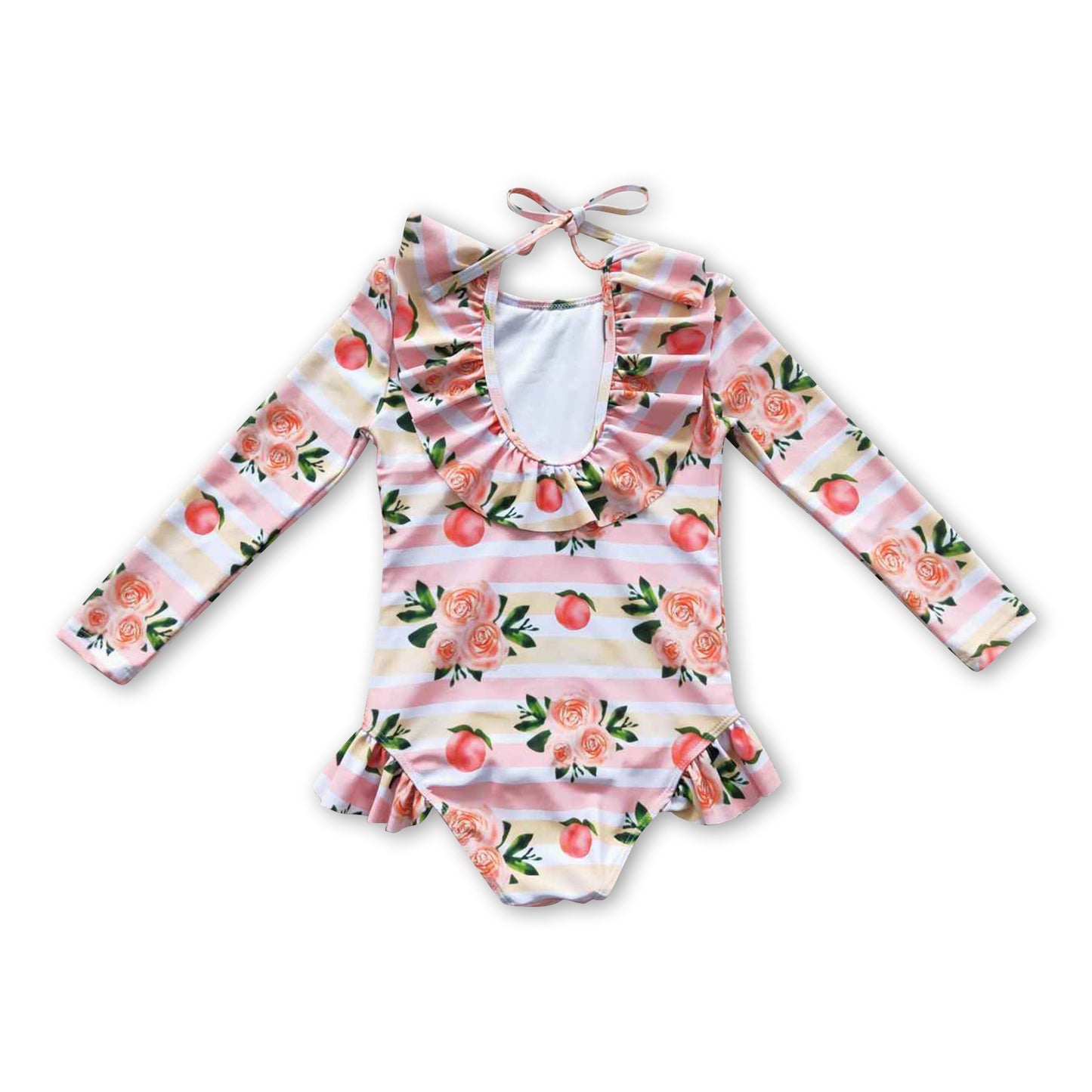 Long sleeves peach floral baby girls lining swimsuit