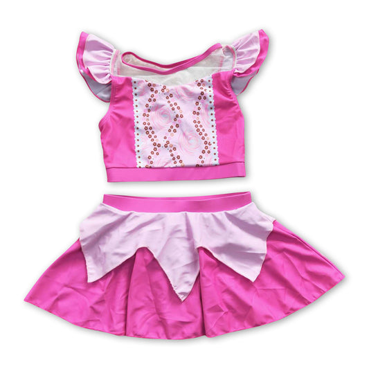 Hot pink floral 2 pcs lining princess girls swimsuit