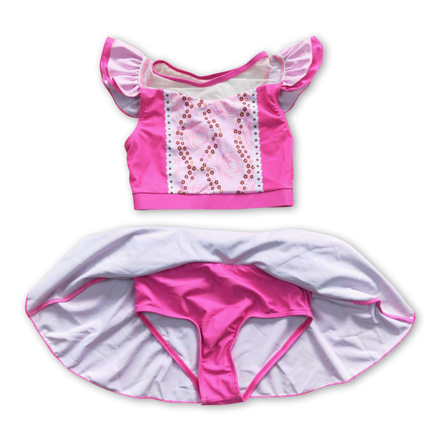 Hot pink floral 2 pcs lining princess girls swimsuit