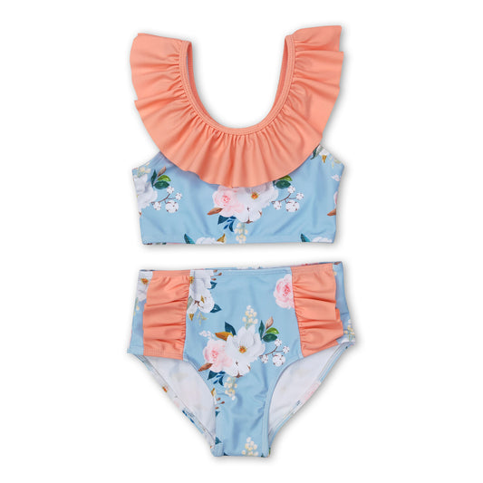 Peach ruffle floral 2 pcs girls summer swimsuit