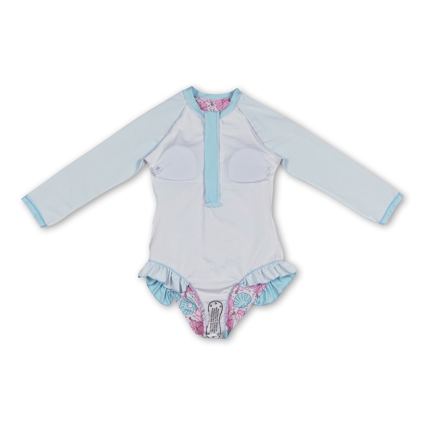 Long sleeves pink light blue shell pearl girls swimsuit