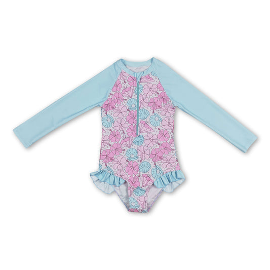 Long sleeves pink light blue shell pearl girls swimsuit