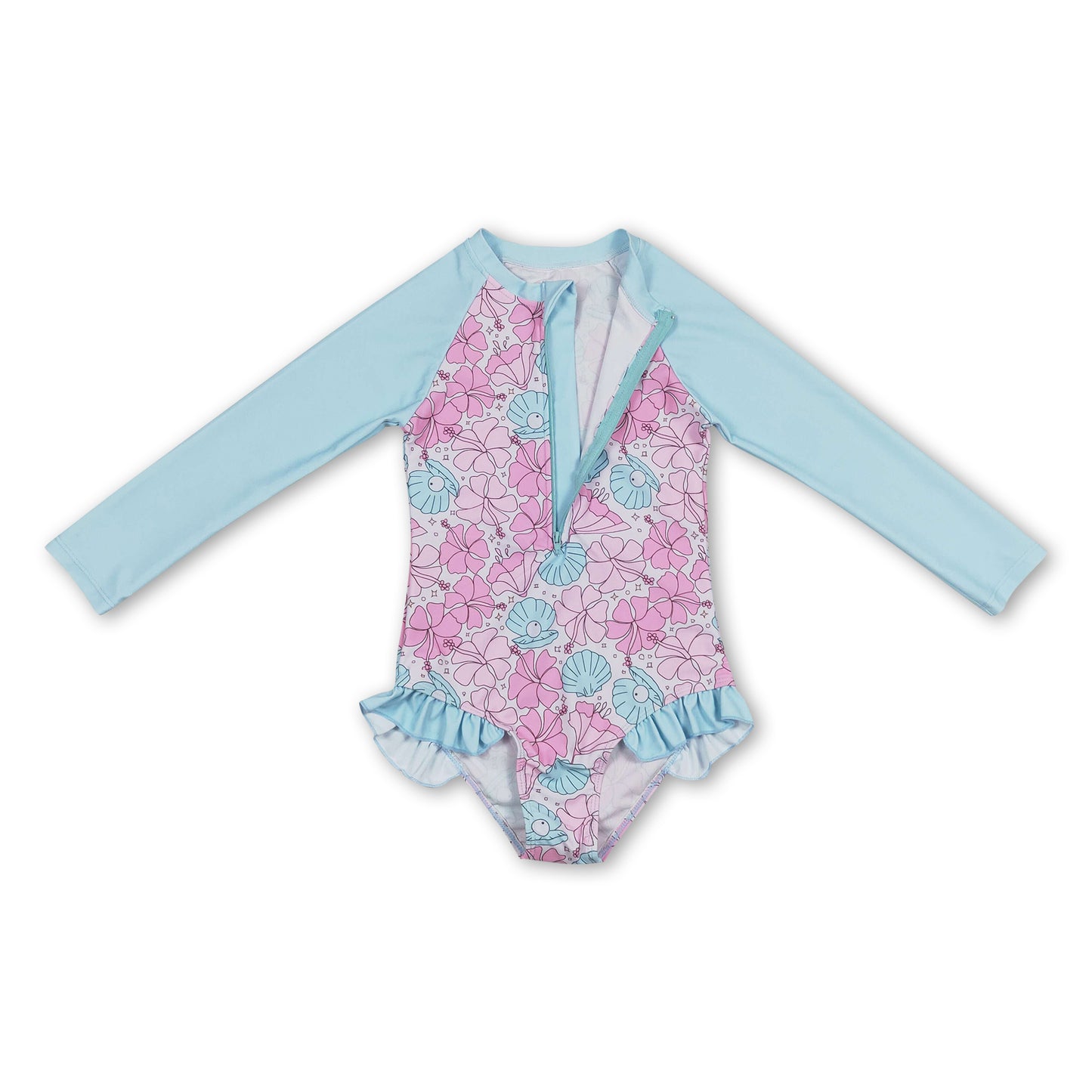 Long sleeves pink light blue shell pearl girls swimsuit