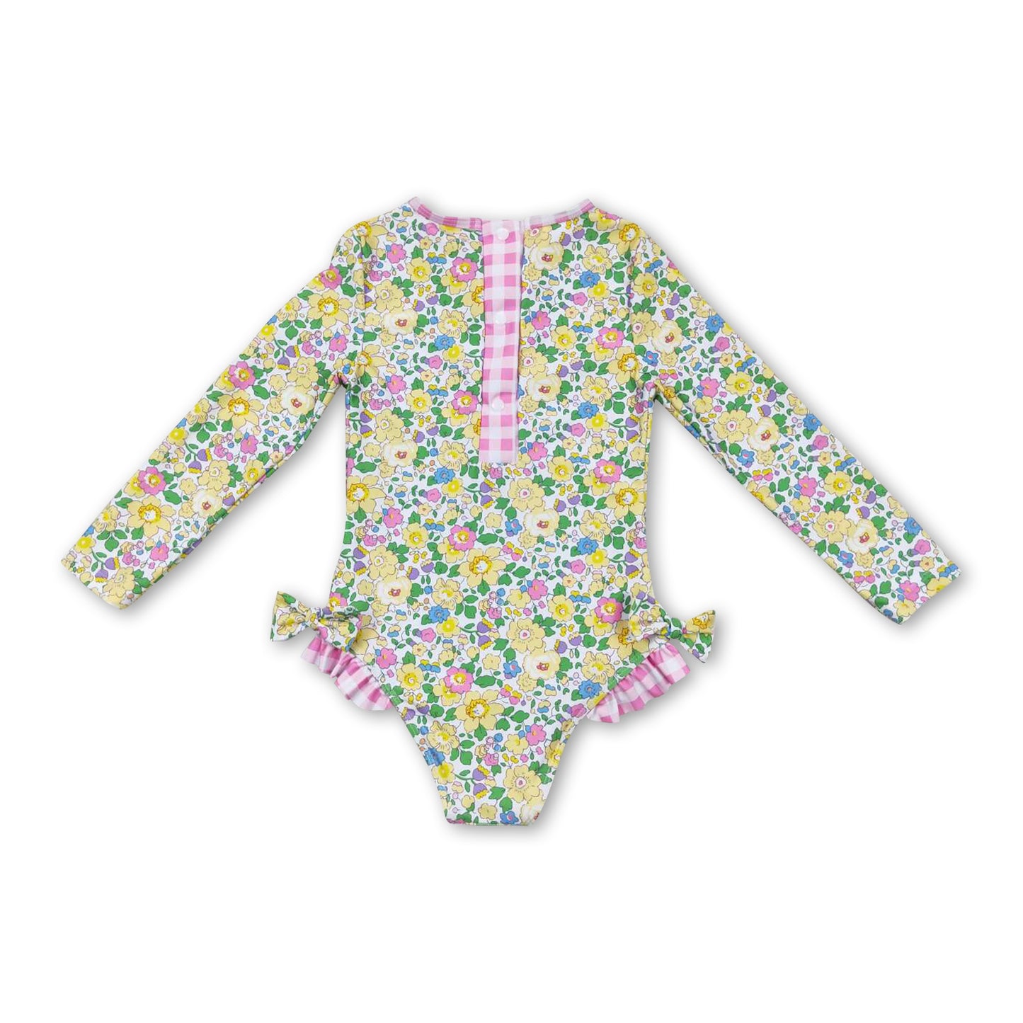 Long sleeves yellow floral pink plaid baby girls swimsuit