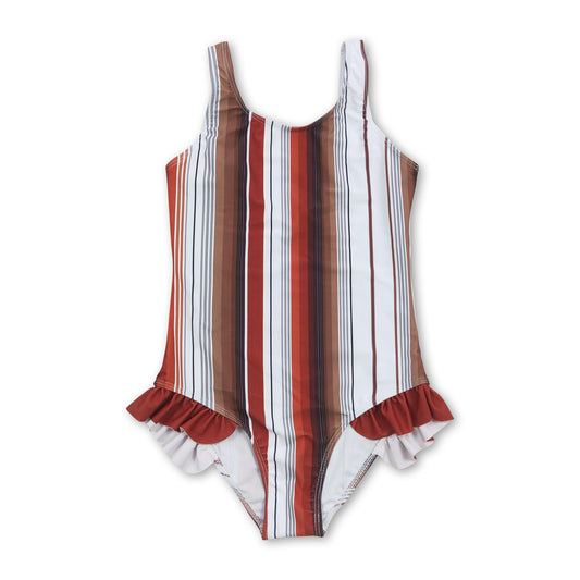 Sleeveless brown stripe one piece baby girls swimsuit